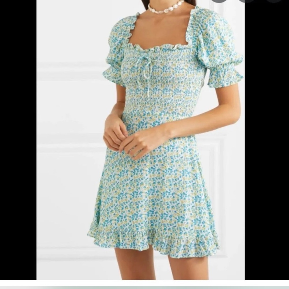 Faithfull the Brand Donna Shirred Floral Print Crepe Mini Dress
